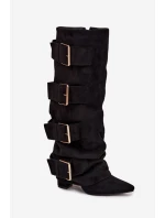 Dámské kozačky na podpatku s obráceným lemem a zlatými přezkami ekologický semiš černé Isavelle