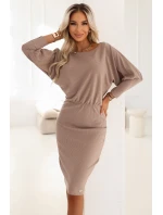 399-4 LARA Pruhované šaty s žebrovanými manžetami - moka pěna 399-4 LARA Pruhované šaty s žebrovanými manžetami - moka pěna