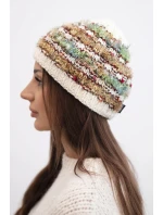 Dámská zimní čepice s barevným vláknem a elastickým stahováním K352 ecru+zelený+camelový