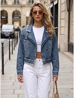Krátká dámská džínová bunda s dvojřadým zapínáním, modrá, FashionStreet TY5682 Krátká dámská džínová bunda s dvojřadým zapínáním, modrá, FashionStreet TY5682