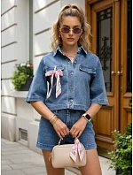 Krátká dámská džínová košilová bunda s šátkem, modrá, FashionStreet TY5693