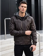 Pánská kožená zateplená bunda s kapucí, hnědá, FashionStreet TX5136