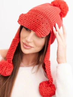 Dámská zimní čepice s vlnou, kšiltem a bambulemi K475 červená