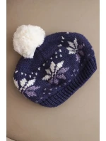 Dámská zimní čepice vlněná s motivem sněhových vloček a bambulí K457 tmavě fialová