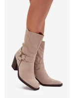 Dámské boty zateplené na podpatku s pásky a ozdobným detailem béžové Neria