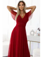 562-2 NASTIA Dlouhé šaty s hlubokým výstřihem a krátkými rukávy - Bordeaux