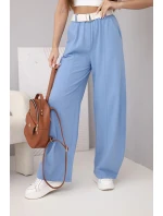 Dámské bavlněné kalhoty s širokou nohavicí a páskem jeansové