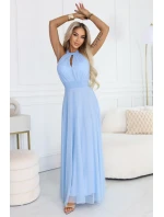 662-1 Elegantní maxi večerní šaty na ramínka s tylem a zavazováním v pase - modré
