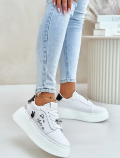 Dámské Kožené Tenisky Na Platformě S Připínacím Prvkem A Nápisem 89102 Bílé