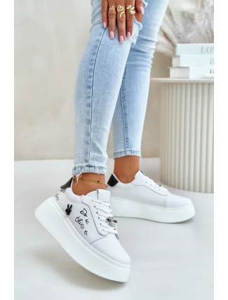 Dámské Kožené Tenisky Na Platformě S Připínacím Prvkem A Nápisem 89102 Bílé