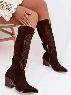 Semišové Kožené Kozačky Kovářky Na Podpatku Zazoo 3152 Čokoládové