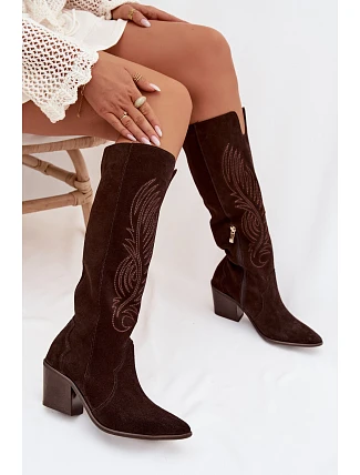 Semišové Kožené Kozačky Kovářky Na Podpatku Zazoo 3152 Čokoládové