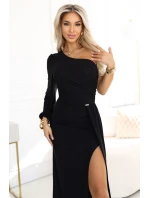 658-1 Třpytivé maxi šaty na jedno rameno s asymetrickými rukávy a rozparkem - černé