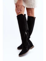 Zazoo 3407 Zamszové Kozáky po Kolena na Ploché Podrážce Černé
