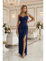 647-2 Přiléhavé dlouhé maxi šaty s obálkovým výstřihem a rozparkem - tmavě modré