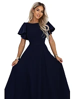 694-4 MIRELLA Elegantní maxišaty s rozšiřujícím se střihem a flitrovými rukávy – tmavě modré 694-4 MIRELLA Elegantní maxišaty s rozšiřujícím se střihem a flitrovými rukávy – tmavě modré
