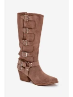 Dámské kozačky kovbojského stylu na podpatku s přezkami Fivelle – tmavě béžové