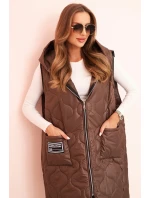 Dámská prošívaná vesta Plus Size s kapucí na zip hnědá