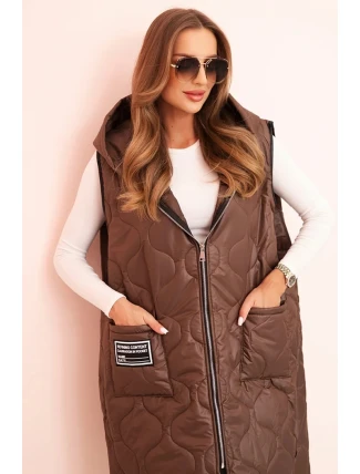 Dámská prošívaná vesta Plus Size s kapucí na zip hnědá
