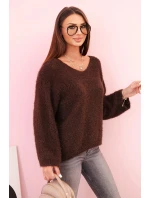 Dámský svetr z mohéru volného střihu s výstřihem do V hnědý