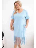 Dámské bavlněné šaty s výstřihem do V a s třásněmi Plus Size modrá