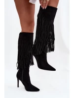 Dámské kozačky na jehlovém podpatku s třásněmi černé Isalune