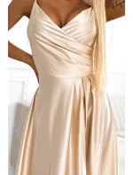 299-8 CHIARA elegantní maxi dlouhé saténové šaty bez ramínek - ZLATÉ