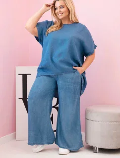 Dámská souprava Plus Size z tencelu halenka a kalhoty s vázáním džínový