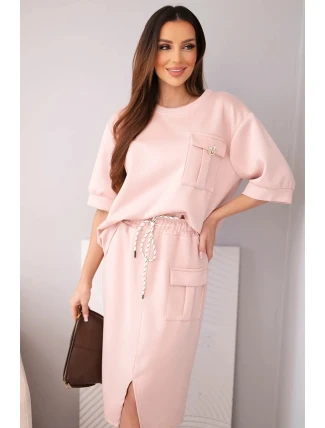 Dámský komplet s halenkou a midi sukní máslový tmavá pudrová růžová