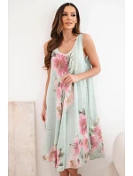 Dámské bavlněné oversize šaty s výstřihem do V a květinovým potiskem tmavě mátové Dámské bavlněné oversize šaty s výstřihem do V a květinovým potiskem tmavě mátové