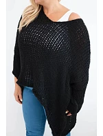 Dámský svetr oversized krajkový s výstřihem do V a delším zadkem černý