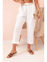 Dámské lněné kalhoty s bavlnou a páskem bílé