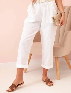 Dámské lněné kalhoty s bavlnou a páskem bílé