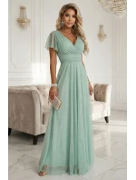 635-8 MELANIA dlouhé třpytivé šaty s výstřihem a krátkými rukávy - pistáciová barva