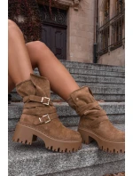 Dámské kotníkové boty na masivním podpatku s přezkami a páskem Khaki Nerelisa