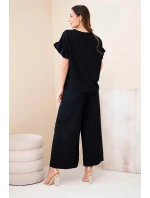 Dámský viskózový komplet s halenkou s potiskem a kalhotami černý