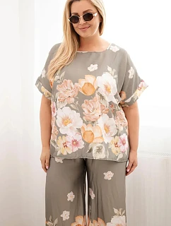 Dámský komplet Plus Size s halenkou a kalhotami s květinovým vzorem a širokými nohavicemi khaki