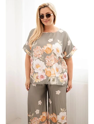 Dámský komplet Plus Size s halenkou a kalhotami s květinovým vzorem a širokými nohavicemi khaki