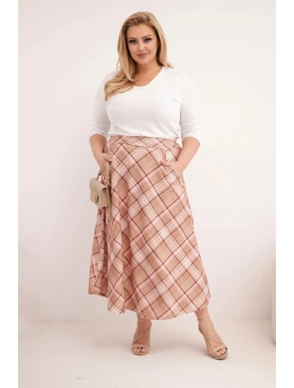 Dámská sukně Plus Size v kostkovaném vzoru s širokým lemem camelová