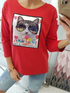 Halenka s 3D grafikou kočky červená