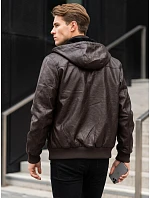 Pánská kožená zateplená bunda s kapucí, hnědá, FashionStreet TX5137