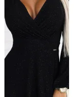 572-2 NELA lesklé dlouhé šaty s výstřihem a dlouhými rukávy - ČERNÉ