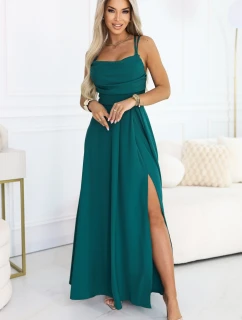 589-6 Maxi šaty bez ramínek s korzetovým zavazováním na zádech a rozparkem - lahvově zelené