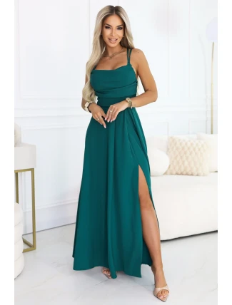 589-6 Maxi šaty bez ramínek s korzetovým zavazováním na zádech a rozparkem - lahvově zelené