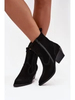 Semišové kovbojské kotníkové boty dámské na podpatku zateplené černé Dylira