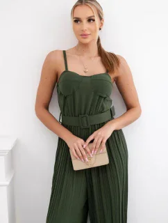 Plisovaný overal s ramínky khaki