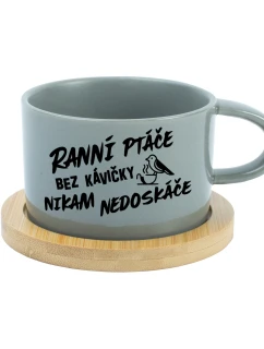 RANNÍ PTÁČE BEZ KÁVIČKY NIKAM NEDOSKÁČE - šedý hrníček makronka 200 ml