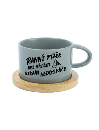 RANNÍ PTÁČE BEZ KÁVIČKY NIKAM NEDOSKÁČE - šedý hrníček makronka 200 ml