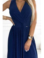 362-9 JUSTINE Dlouhé šaty se srdíčkovým výstřihem a zavazováním na zádech - GRANITE se třpytkami