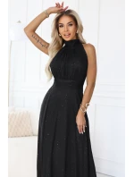 636-3 VERONICA luxusní dlouhé šaty s brokátovým akcentem a elegantním střihem - černé 636-3 VERONICA luxusní dlouhé šaty s brokátovým akcentem a elegantním střihem - černé